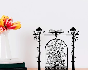 Personalized Floral Library Sign, Book Lover Gift, Reading Nook Decor, Floral Bookish Shelf Sign, Floral Signpost Metal Stand for Book Nook