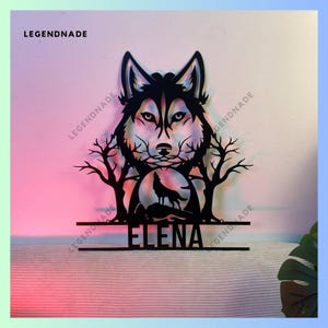 Letrero de metal personalizado con lobo en el bosque, luz de metal con forma de luna de lobo, luz LED con forma de bosque de lobo, arte de pared de metal con cabeza de lobo, decoración de pared para habitación de lobo