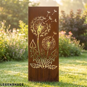 Biombo de jardín metálico personalizado con diseño de diente de león, divisor rústico de acero para exteriores, panel de privacidad moderno para cercas y patios.