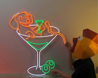 Dachshund Drinking Martini Neon Sign, Dog Martini Led Sign, Dog Cocktail Led Light, Pet Neon Light, Neon For Bar Wall Art, Pub Wall Decor