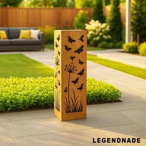 May include: A tall, rectangular, outdoor decorative pillar with a weathered, brown finish. The pillar features cut-out designs of butterflies, flowers, and grass. The word "LEGENDNADE" is printed in white at the bottom of the pillar. The pillar is set on a stone patio.