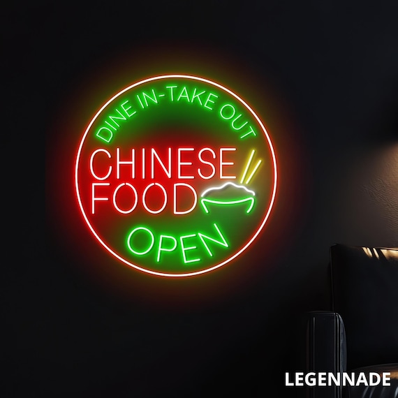 Chinese Food Neon Sign, LED Open Light for Takeout Restaurant