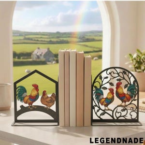 May include: Black metal bookends with rooster and hen designs. One bookend features a house-shaped frame with a rooster and hen on a branch. The other bookend has a decorative, arched design with two roosters. A row of books sits between them.
