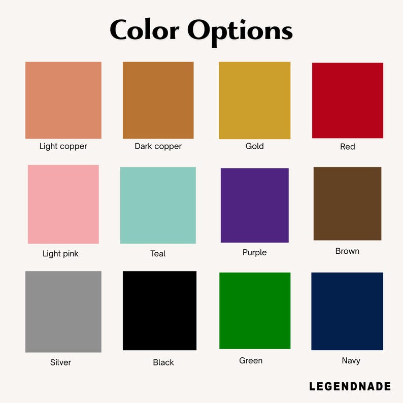 Puede incluir: Imagen que muestra una carta de colores con el texto "Color Options". La carta presenta doce muestras de color: cobre claro, cobre oscuro, oro, rojo, rosa claro, turquesa, morado, marr&oacute;n, plata, negro, verde y azul marino. Tambi&eacute;n se ve el nombre de la marca "LEGENDNADE".