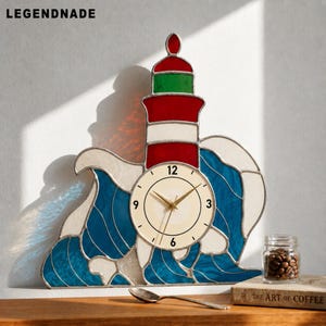 Lighthouse Stained Glass Wall Clock, Ocean Wave Decor, Coastal Sea Clock, Nautical Sailing Gift For Dad