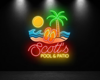 Pool and Patio Neon Sign, LED Wall Light for Outdoor Bar, Backyard Lounge, Swimming Pool Area Decor, Summer Party Neon Art, Beach Lover Gift