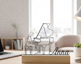 Personalized Piano Player Metal Art with Wood Base, Custom Name Musician Desk Decor, Gift For Musician, Music Studio Decor