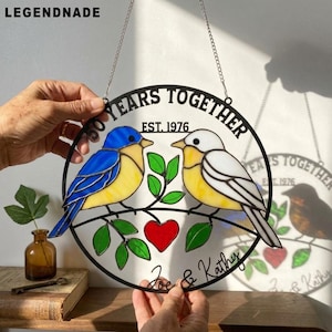 Personalized 50th Anniversary Stained Glass Couple Birds Suncatcher, Custom Name & Date, Wedding Gift, Anniversary Gift Window Hanging