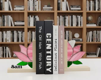 Custom Lotus Flower Stained Glass Bookends:  Handmade Floral Decor Gift, Book Holder