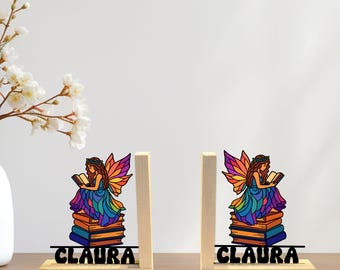 Cutsom Fairy Bookends – Colorful Wooden Book Holder with Fairy & Books for Desk, Home Library, and Office Decor, Book Lover Gift