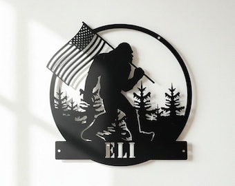 Metalen bord Bigfoot: kunst aan de muur, Bigfoot Hunter-decor, rustiek decorbord