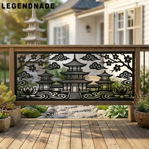 May include: A black metal decorative railing panel featuring a laser-cut design of three pagodas, stylized clouds, cherry blossom branches, and lotus flowers. The word LEGENDNADE is printed in the top left corner of the image.