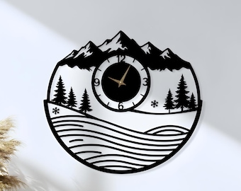 May include: Black wall clock with a mountain and forest design. The clock face is black with gold hands and white numbers. The clock is round and has the text "LEGENDNADE" at the top.