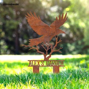 Pieu personnalisé en métal rouillé corbeau, piquet en métal oiseau corbeau rustique personnalisé avec nom, décoration de cour extérieure, décoration de jardin oiseau corbeau