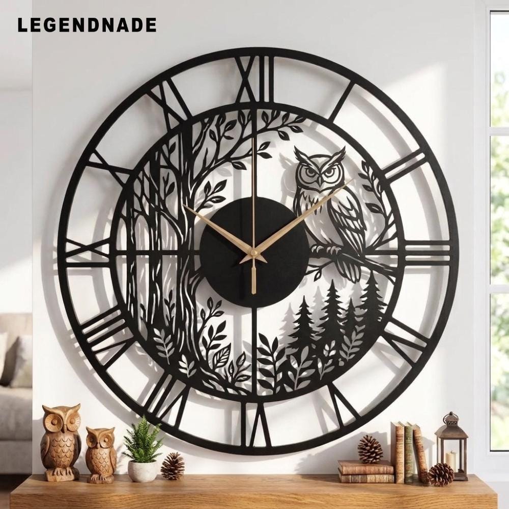 Owl Metal Wall Clock, Woodland Forest Decor, Rustic Wall Art, Owl Lover Gift For Nature Lover