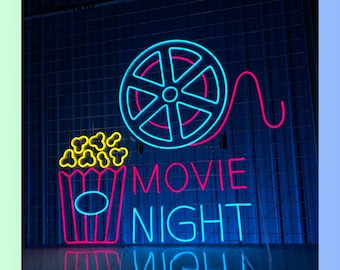 Neonreclame filmavond, led-bord bioscooppopcorn, led-verlichting bioscoopkamer, bioscoopneonlicht, kunst aan de muur bioscoop, decor bioscoop
