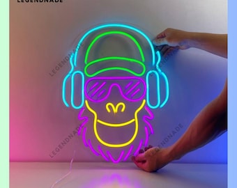 Monkey With Headphone Neon Sign, Monkey Led Sign, Monkey Head Led
