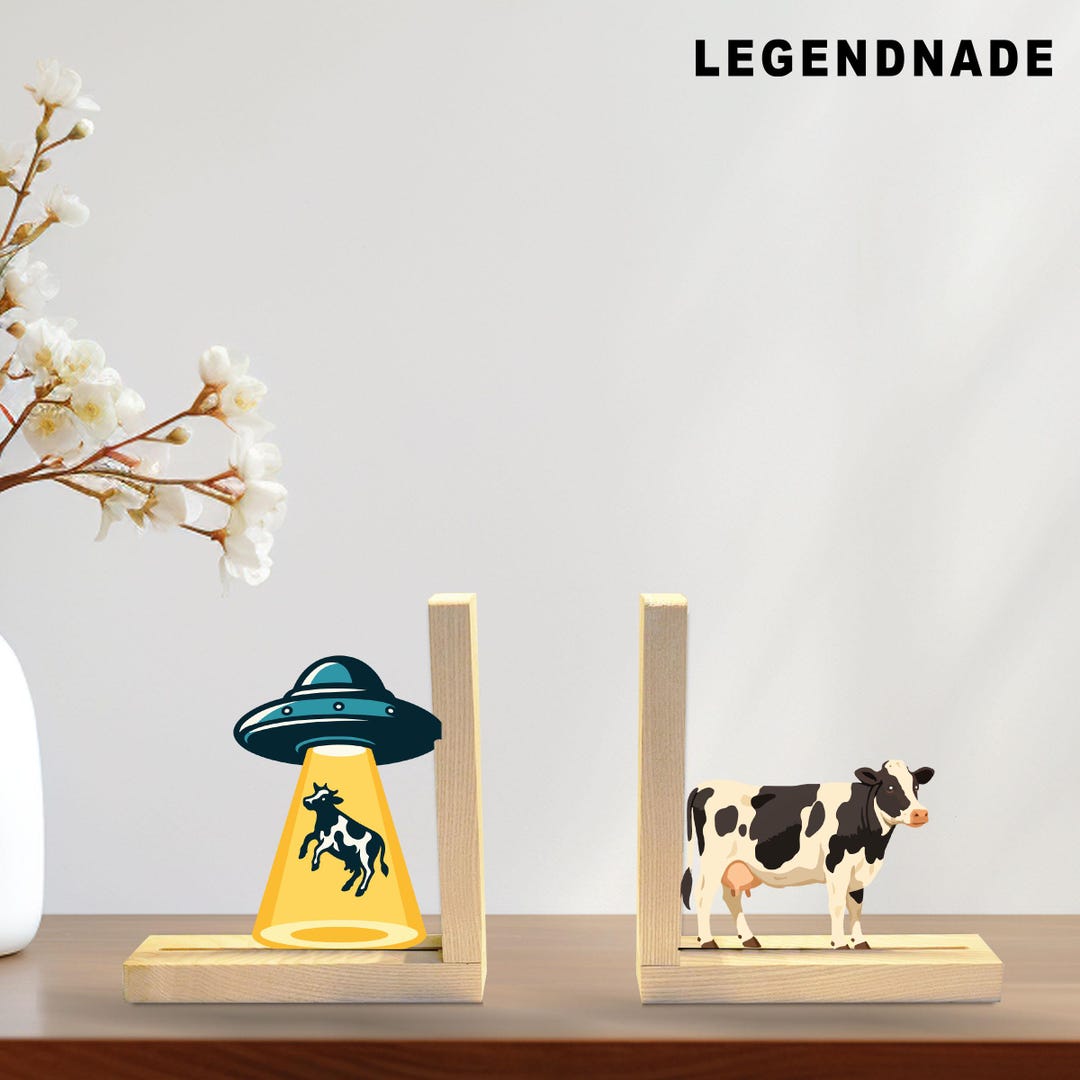 UFO Cow Bookends: Alien Abduction Wooden Book Holder, Shelf Decor Gift ...