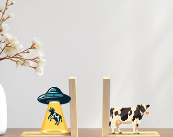Sujetalibros de vaca OVNI: Sujetalibros de madera con diseño de abducción extraterrestre, regalo decorativo para amantes de los libros, decoración de mesa con diseño de vaca OVNI.