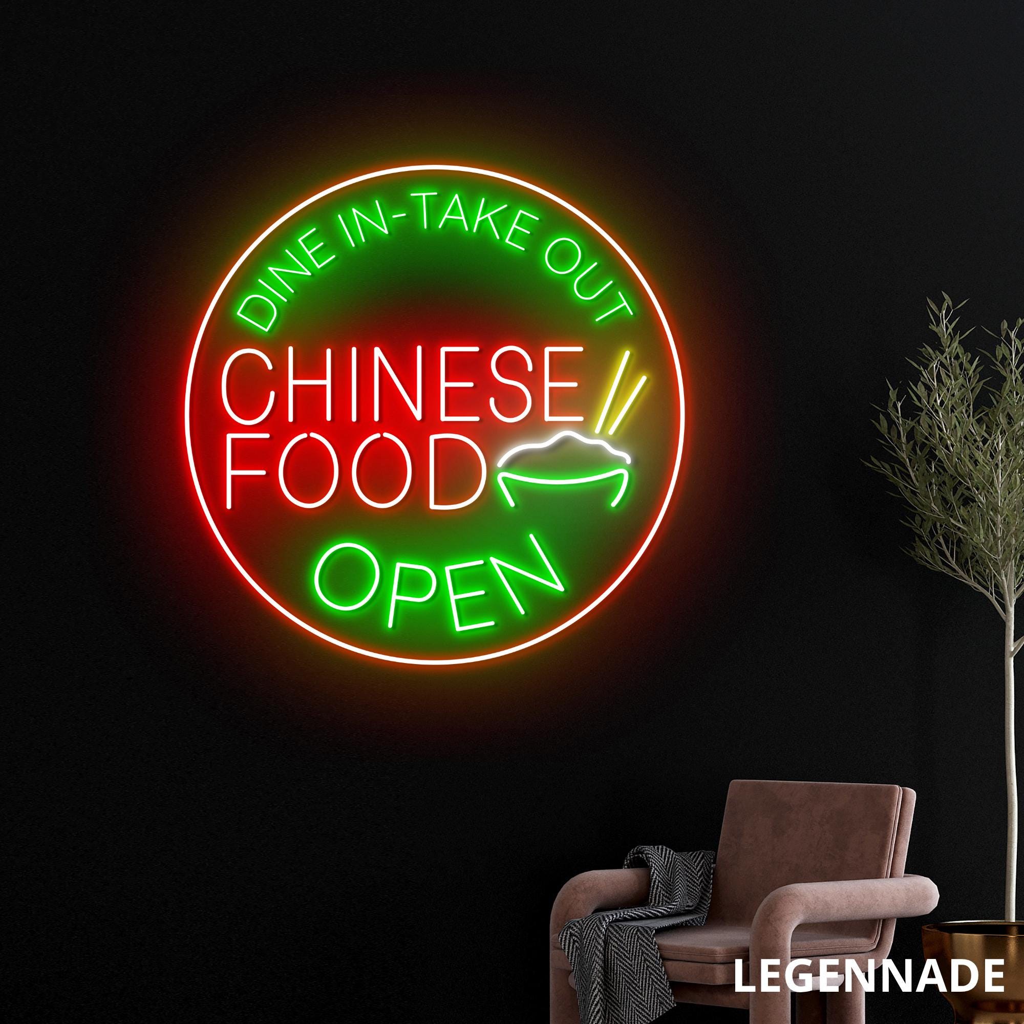Chinese Food Neon Sign, LED Open Light for Takeout Restaurant
