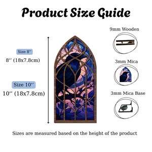 May include: Product size guide for a wooden raven stained glass window design. Available in 8-inch and 10-inch sizes, with dimensions of 18x7.8cm. The image shows the materials used: 9mm wood, 3mm mica, and a 3mm mica base.