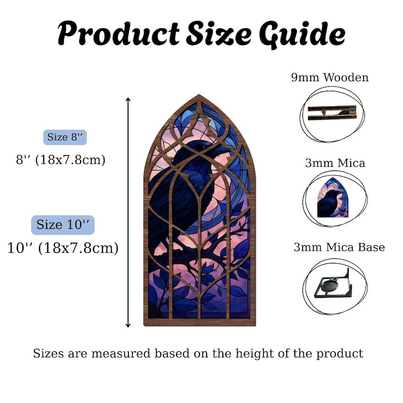 May include: Product size guide for a wooden raven stained glass window design. Available in 8-inch and 10-inch sizes, with dimensions of 18x7.8cm. The image shows the materials used: 9mm wood, 3mm mica, and a 3mm mica base.