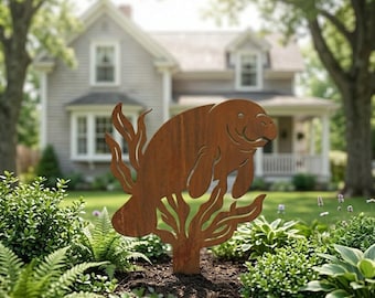 Personalized Manatee Metal Garden Stake, Custom Florida Backyard Decor, Ocean Life Outdoor Sign