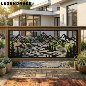 May include: A black metal decorative panel featuring a laser-cut mountain range and forest landscape design. The rectangular panel is mounted within a wooden railing frame, displaying a winding river, pine trees, and jagged mountain peaks.