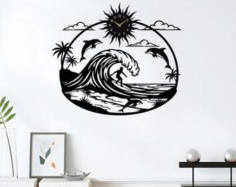 Surfing Metal Wall Clock: Surfer Ocean Clock, Beach House Decor, Coastal Wall Art