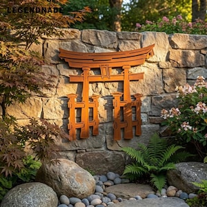 May include: A rust-colored metal wall art piece shaped like a traditional Japanese torii gate with a multi-tiered roof structure and vertical support posts, mounted on a textured gray stone wall surrounded by green foliage and smooth garden rocks.