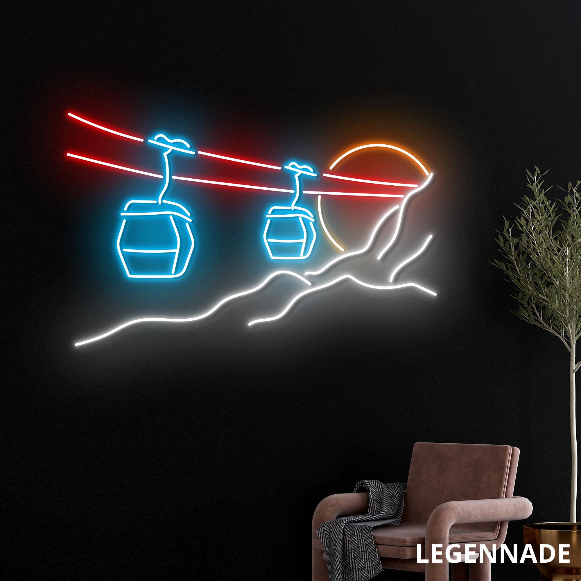Ski Lift Neon Sign, Mountain Cable Car LED Wall Art, Dimmable USB Powered, Purple/White/Blue/Ice Blue, For Bedroom Game Room Ski Lodge