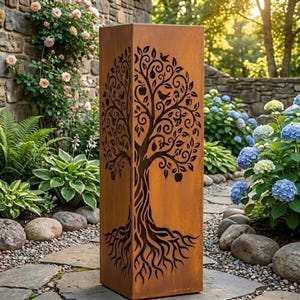 Puede incluir: Una jardinera alta y rectangular de metal envejecido con un diseño de árbol recortado. El árbol presenta una silueta detallada de ramas, hojas y frutos. La jardinera es de color marrón óxido y está en un jardín.