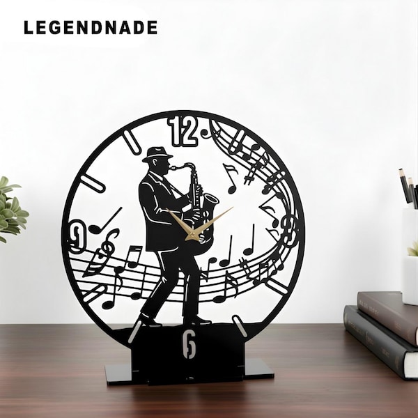 Saxophone Player Metal Table Clock: Jazz Music Desk Clock, Saxophonist Gift, Music Lover Table Decor