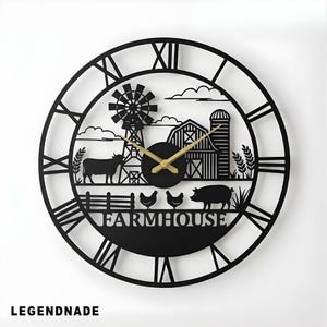 May include: Black farmhouse-themed wall clock with Roman numerals. The clock features a farm scene with a windmill, barn, silo, cow, pig, and chickens. The clock hands are gold. The word "FARMHOUSE" is displayed on the bottom.