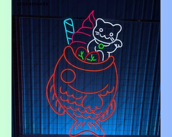 Taiyaki Lucky Cat Neon Sign Japan Ice Cream Led Sign, Taiyaki Led Light, Ice Cream Light, Japanese Ice Cream Store Wall Art, Home Wall Decor