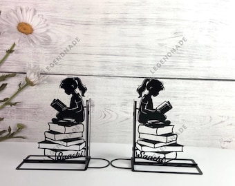 Gepersonaliseerde meisjesleesboek metalen boekensteun, Kid Read Book boekensteunen, boekenplankdecor, boekenliefhebber cadeau, tafelbord, metalen bureau Home Decor