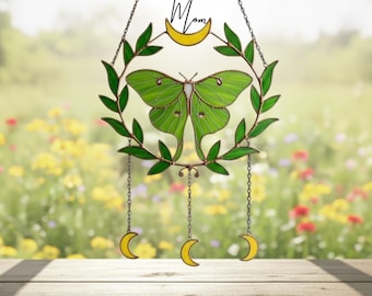 Luna Moth Stained Glass Suncatcher, Butterfly Window Hanging, Handmade Stained Glass, Gift for Mom