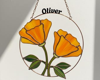 Custom Poppy Stained Glass Suncatcher with Name, Flower Window Hanging, Poppy Flower Decor, Gift for Flower Lovers, Floral Art, Window Decor