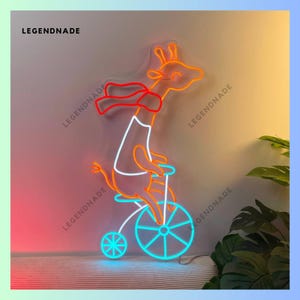 Letrero de neón de jirafa en bicicleta, decoración de letrero LED de jirafa, luz LED de motociclista de jirafa, luz de neón de jirafa, arte de pared de animales, decoración de pared para el hogar