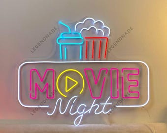 Neonreclame filmavond, filmpopcorn led-bord, bioscoopzaal ledlicht, bioscoopneonlicht, bioscoopmuurkunst, bioscoopdecor