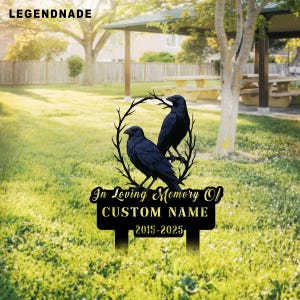 Pieu de jardin personnalisé commémoratif du corbeau, oeuvre d'art personnalisée dans le jardin, panneau hommage en métal, décoration extérieure du souvenir du corbeau