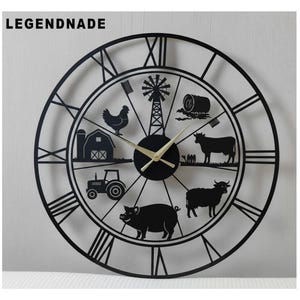 May include: Black metal farmhouse-themed wall clock with Roman numerals and cut-out silhouettes of farm animals and objects. The clock features a chicken, barn, tractor, pig, cow, and windmill. The brand name "LEGENDNADE" is at the top.