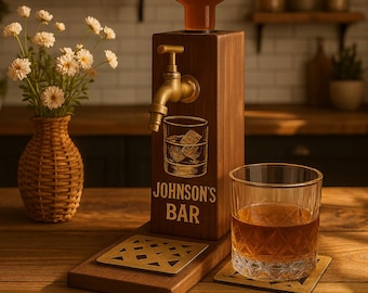 Engraved Wooden Whiskey Dispenser, Custom Name Rustic Liquor Dispenser Bar Decor, Whiskey Gift for Men, Home Bar Accessories