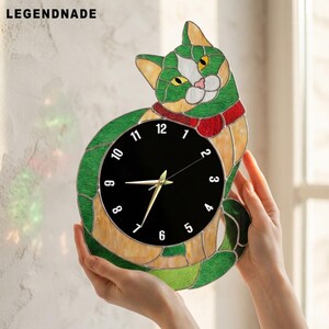 Cat Stained Glass Wall Clock, Colorful Cat Suncatcher, Pet Lover Wall Decor, Handmade Gift For Cat Mom