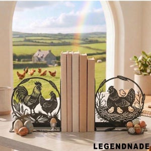 May include: Black metal bookends with a rooster and hen design, and a hen with chicks. The bookends are holding a stack of books. Decorative eggs and a basket of eggs are in front of the bookends. The word LEGENDNADE is at the bottom.