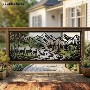 May include: A black metal decorative panel featuring a laser-cut landscape scene with a large tree, three deer, a winding river, a cabin, and mountain peaks. The text LEGENDNADE is visible in the upper left corner of the rectangular metal screen.