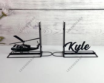 Personalized Helicopter Metal Bookend, Airplane Metal Bookends, Bookshelf Decor, Book Lover Gift, Table Sign, Metal Desk Decor, Home Decor