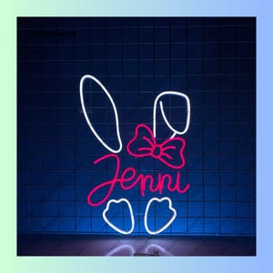 Letrero de neón de conejo, letrero LED de conejo de Pascua, luz LED con nombre de conejo, luz de neón de Feliz Pascua, arte de pared de conejo de Pascua, decoración de pared para el hogar de Feliz Pascua