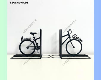 Personalized Bicycle Metal Bookend, Cyclist Name Bookends, Bicycle Bookshelf Decor, Book Lover Gift, Table Sign, Metal Desk Home Decor