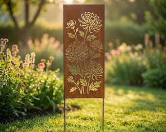 Personalized Chrysanthemum Flower Metal Garden Panel for Rustic Garden Decor, Flower Privacy Screen Decor, Gift for Her or Flower Lover